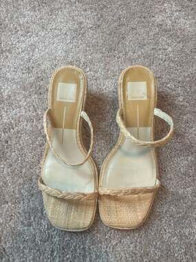 Dolce Vita Riya Natural Raffia Braided Strappy Low Block Heel Sandals